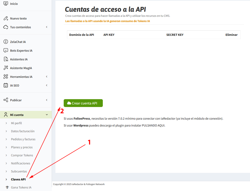 Abrir cuenta API en iaRedactor.