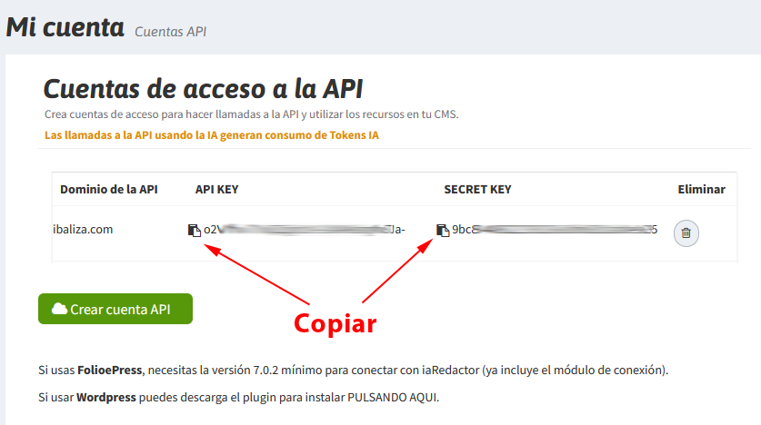 Claves API generadas en iaRedactor
