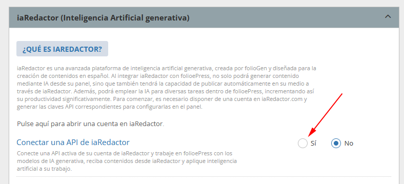 Conectar cuenta iaRedactor con folioePress