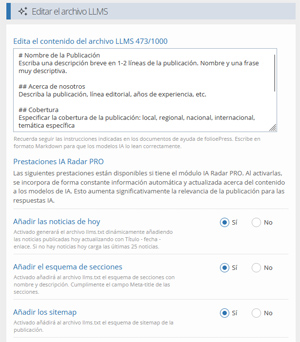 IARADAR folioepress genera el archivo llms.txt de forma automática y actualizada.